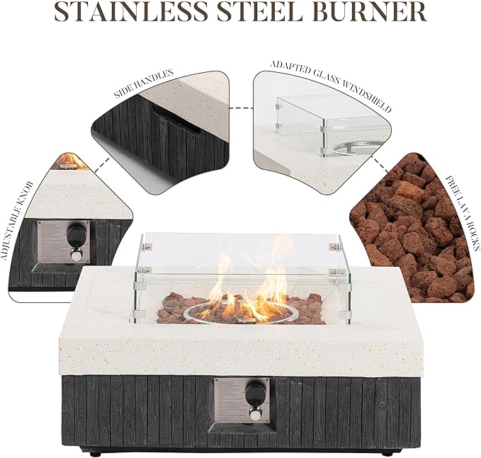 COSIEST 35" Outdoor Propane Fire Pit Table w Tank Cover & Wind Guard, Square Gas Fire Pit Table with Concrete & Wood Grain Design, 50000BTU Fire Tables for Patio, Backyard, Garden