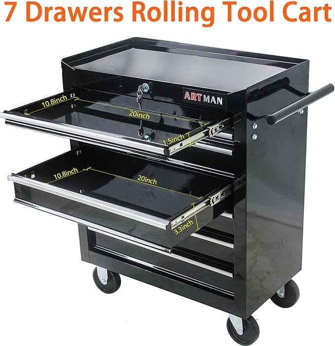 7 Drawers Rolling Tool Cart on Wheels, Multifunctional Organizer Tool Case Tool Chest, Trolley Tool Storage Tool Box for Workshop, Garage, Repair Shop, Warehouse (7 Drawers-29.9" H-Black)