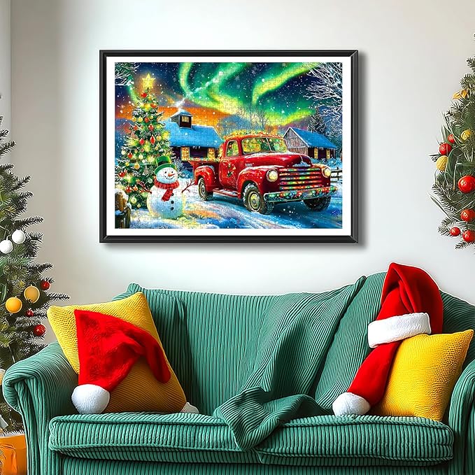 Winter Christmas Holiday Jigsaw Puzzle, 1000 Pieces, Snowy Village Scene with Classic Red Car, Snowman