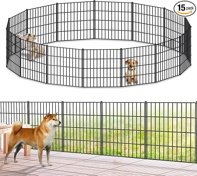 Metal Garden Fence 28in (H) x 35ft (L), 15 Panels + 16 Stakes Dog Fence Border Fence Animal Barrier, No Dig Garden Fencing for Yard Flower Bed Lawn Patio Outdoor, PIN282815 Black
