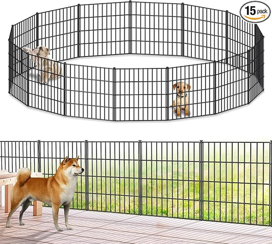 Metal Garden Fence 28in (H) x 35ft (L), 15 Panels + 16 Stakes Dog Fence Border Fence Animal Barrier, No Dig Garden Fencing for Yard Flower Bed Lawn Patio Outdoor, PIN282815 Black