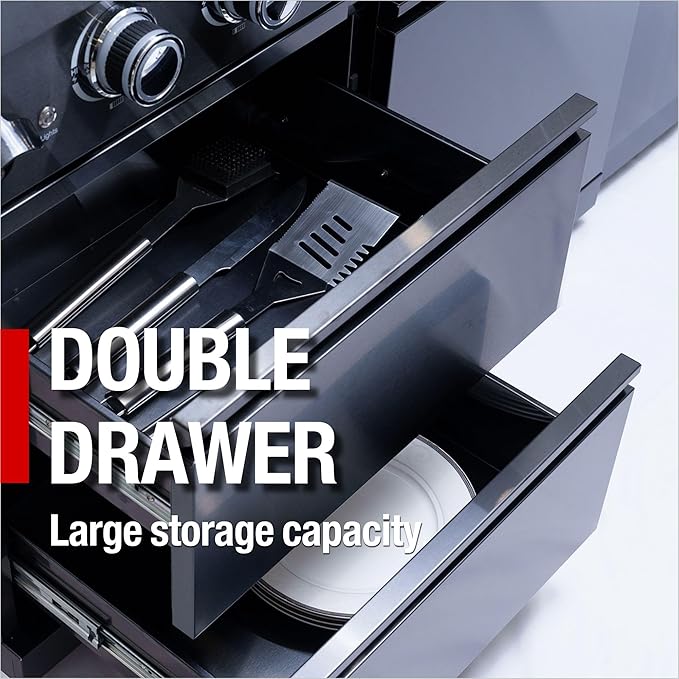 82 Inches 6-Burner 85000 BTU Deluxe Stainless Steel Propane Gas Outdoor Kitchen Bar Barbecue Island Grill, Wine Cooler Compact Refrigerator, Granite Countertops, Stainless Steel Sink, Black