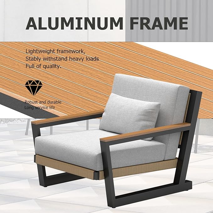 Aluminum Patio Sofa Set with PE Rope Weaving, 500lbs Capacity Outdoor Conversation Set, Waterproof UV-Resistant Cushions & Powder-Coated Frame, Modern Sectional for Poolside, Garden Yellow