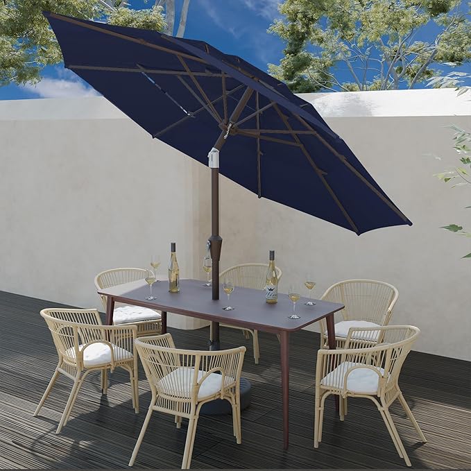 9FT 3 Tiers Patio Umbrella With Auto Tilt And Crank, Outdoor Table Market Umbrella with 8 Sturdy Ribs for Garden, Lawn, Deck, Backyard and Pool, Navy