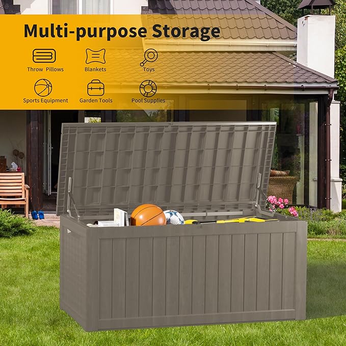 Mersco 270 Gallon Double-Wall Resin Deck Box - Lockable Waterproof Outdoor Storage Box, 1000lbs Capacity & Doubles as Seating for Patio Furniture - Garden Tools, Pool Accessories (Grey)
