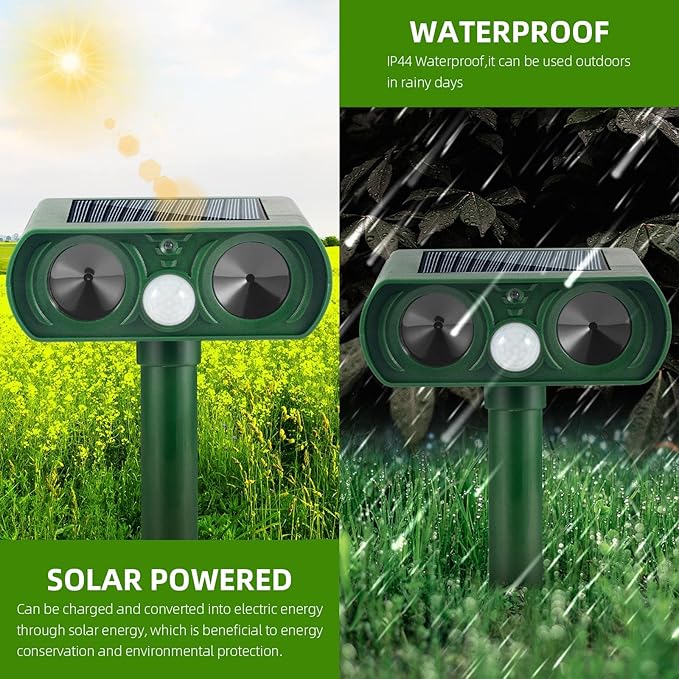 4 Pack Solar Animal Repellent Cat Repellent Outdoor with Motion Detection,Waterproof Ultrasonic Control for Deer Dog Fox Squirrel Raccoon Skunk Rabbit Out of Garden Farm Yard Animal Deterrent Devices