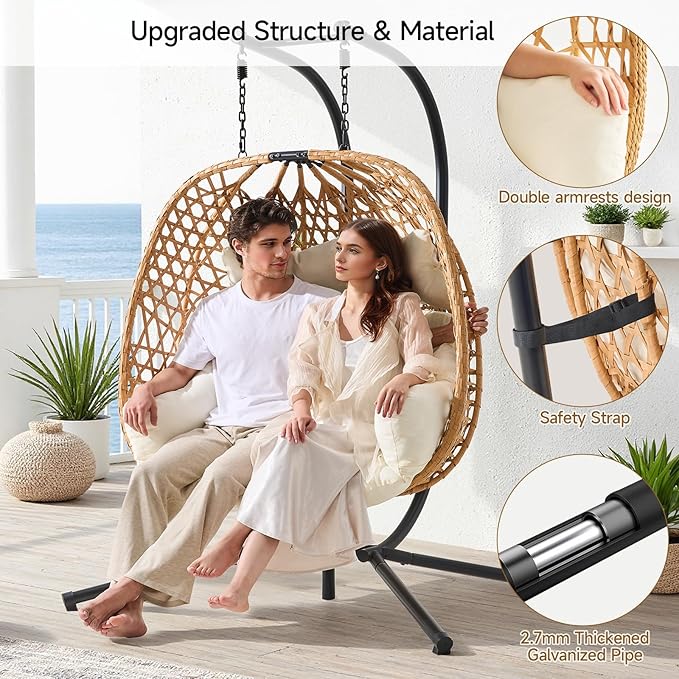 ONBRILL Double Hanging Egg Chair with Stand, Bohemian Knot Style Hammock Swing Chair, Foldable Basket & Denser Weaves, 650 Lbs Capacity Loveseat with UV Resistant Cushion for Patio, Backyard (Beige)
