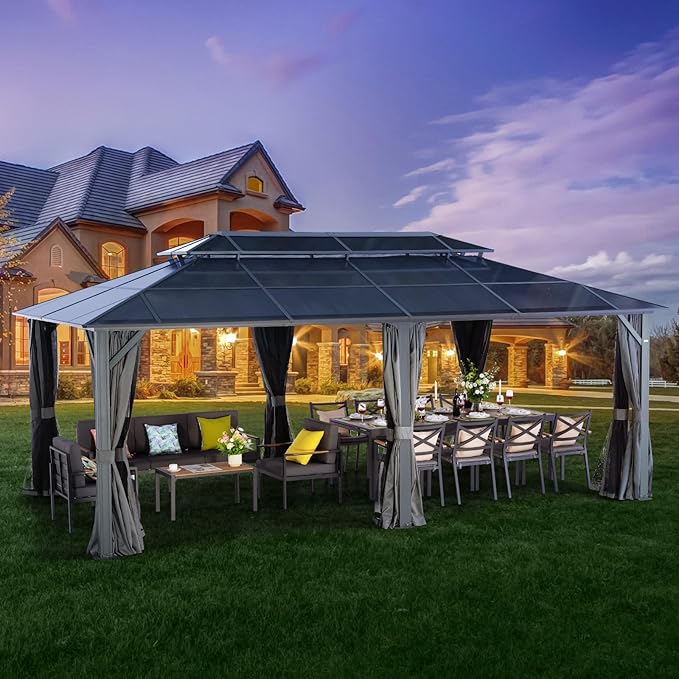 LeDoasis Nebula 12'x20' Permanent Hardtop Gazebo, Outdoor Aluminum Patio Gazebo, Polycarbonate Double Roof Canopy, Breathable Netting & Privacy Curtain Included，for Patio Lawn and Garden,Parties
