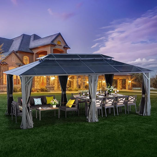 LeDoasis Nebula 12'x20' Permanent Hardtop Gazebo, Outdoor Aluminum Patio Gazebo, Polycarbonate Double Roof Canopy, Breathable Netting & Privacy Curtain Included，for Patio Lawn and Garden,Parties