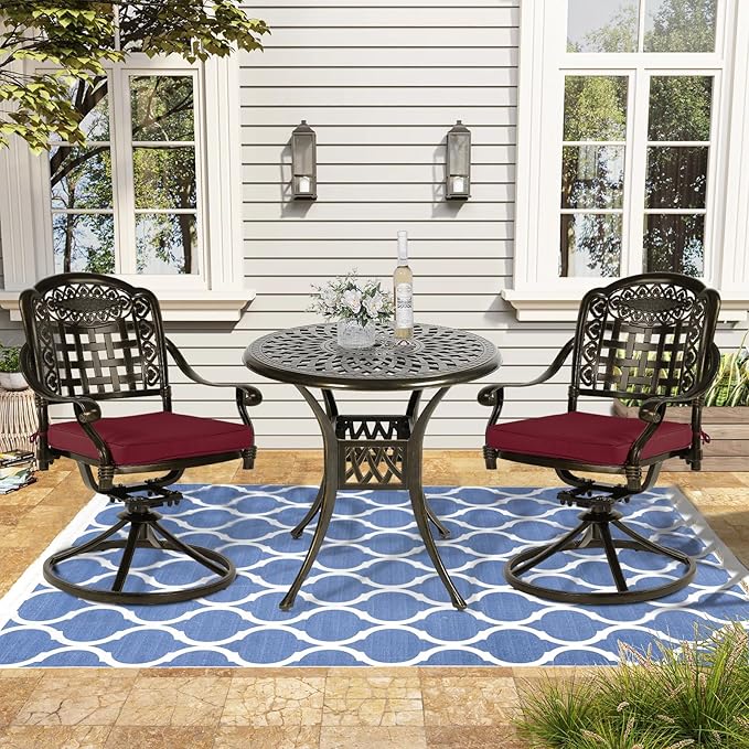 VIVIJASON 3-Piece Patio Bistro Set, Outdoor All-Weather Cast Aluminum Furniture Dining Set, Include 2 Swivel Chairs and 31" Round Table w/Umbrella Hole for Balcony, Lawn, Garden (Red Cushion)