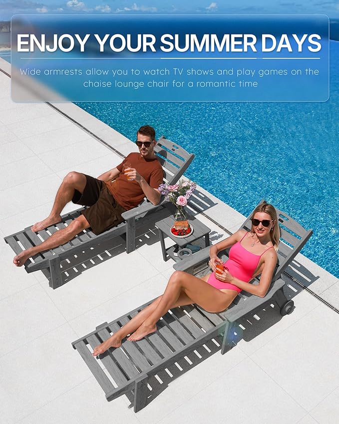 Chaise Lounge Chair Outdoor with Wheels, Oversize Patio Lounge Chairs with Wood Texture, 5-Position Plastic Lounge Chairs for Poolside, Patio, Deck, Beach