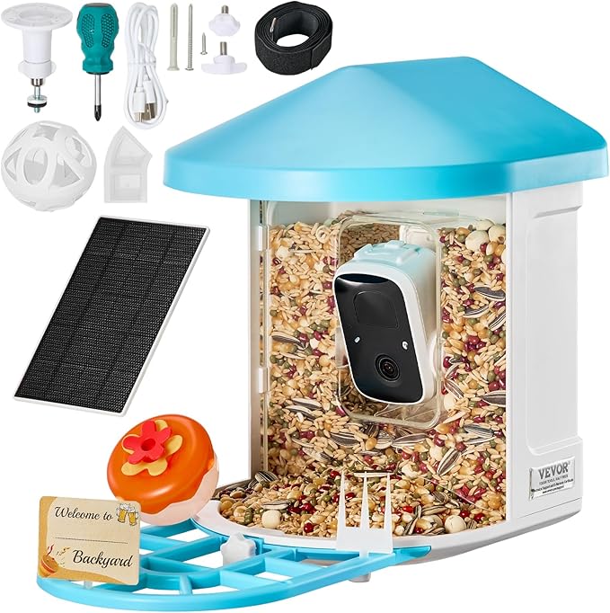 VEVOR Bird Feeder with Camera, Smart Bird House Camera Solar Powered, Wireless Vedio Birdhouse with AI Identify Resolution, 2K Full HD, Auto Detect & Notify, Ideal Present Choice for Bird Lover