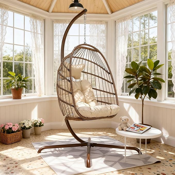 RADIATA Modern Hanging Egg Chair with Stand, Outdoor Wicker Swing Hammock Chair with Padded Cushion, 350Lbs Free-Standing Eggshell Basket Seat for Garden Patio Balcony Indoor Reading Nook, Brown