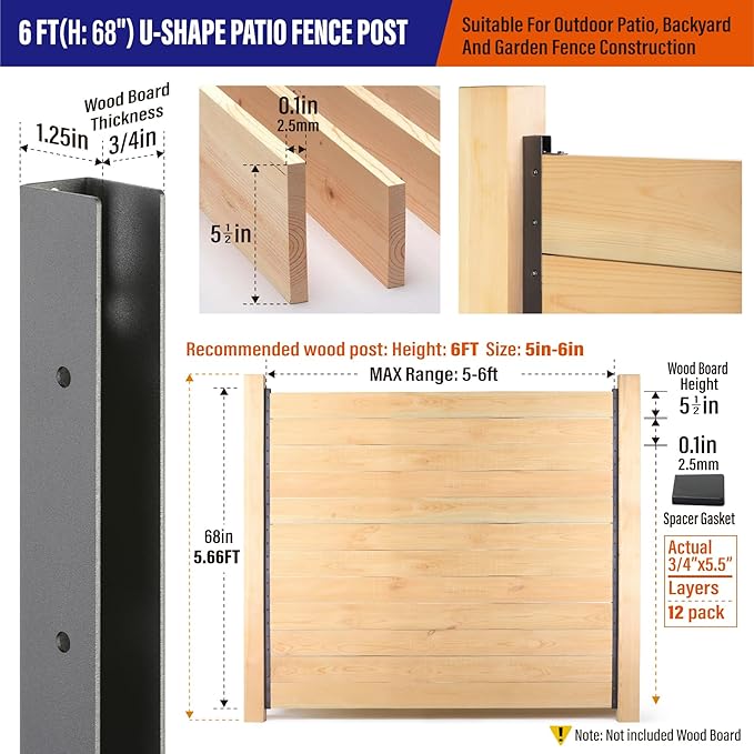 2pack 6FT (H: 68″) Matel Backyard Privacy Fence Panels Post Black, Install Fence Panels Post for Wood Slats Outdoor