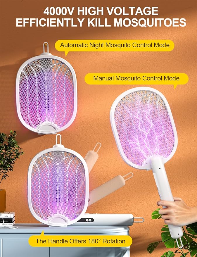 Electric Fly Swatter 4000V Bug Zapper Racket Foldable with Blue Light Dual Mode 1800mAh Rechargeable Battery 5-Layer Safety Mesh for Indoor & Outdoor
