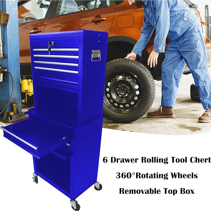 6 Drawers Rolling Tool Box Organizer,2 Tier High Capacity Tool Chest with Wheels,Lockable Rolling Tool Chest with 2 Cabinet,Detachable Tool Box Workshop Storage Cabinet (2 Tier-6 Drawers(Blue))