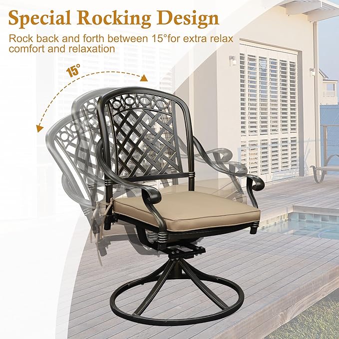 Cast Aluminum Outdoor Swivel Dining Chairs, All-Weather Patio Swivel Rocker Chair Sets with Cushion for Garden, Backyard, Poolside, Bistro (Khaki, 4 Pieces)