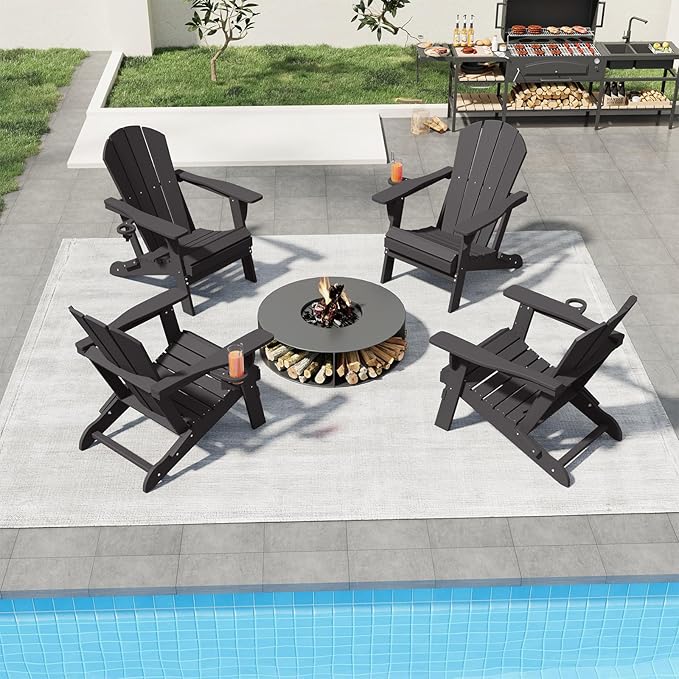 Folding Adirondack Chair, HDPE All-Weather Patio Chairs for Outdoor, Patio, Lawn, Garden, Backyard Deck, Fire Pit - Black
