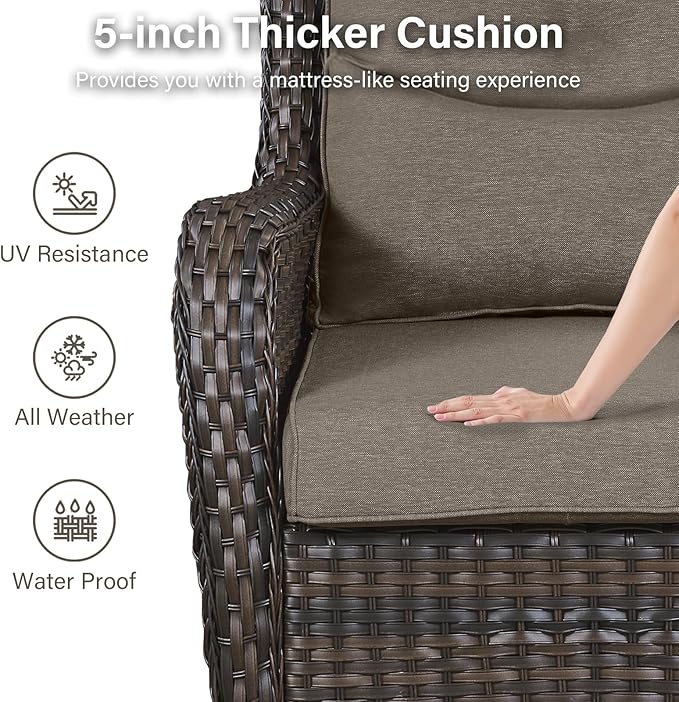 Outdoor Swivel Rocker Patio Chairs Set of 5 with Loveseat - 5" Thick Cushion 5 Piece Furniture Set with Sofa All Weather Wicker Conversation Set for Porch Deck - Brown Wicker | Grey Cushions