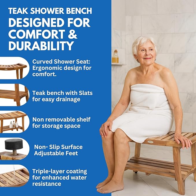 EcoDecors 30 Inch Harmony Natural Color Waterproof Teak Wood Shower Bench Stool Seat Chair For Inside Shower Storage Shelf Provides Safety, Storage, and Organization For Bathroom Accessories