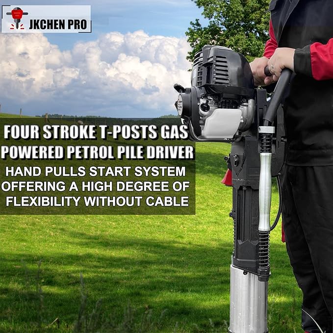 Gas Powered 4 Stroke T Post Driver Hammer Drills, 37.7CC Gasoline Engine Pile Driver, Gasoline Petrol Garden Fencing Tool Machine with 3 Post Driving Head, 49mm, 69mm, 100mm