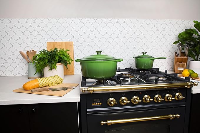 Larder & Vine 4-Piece Enameled Cast Iron Set, Oven Safe and Suitable for All Cooktops – includes 5.7 Quart Dutch Oven Pot with Lid and 2.2 Quart Saucepan with Lid (Okra)