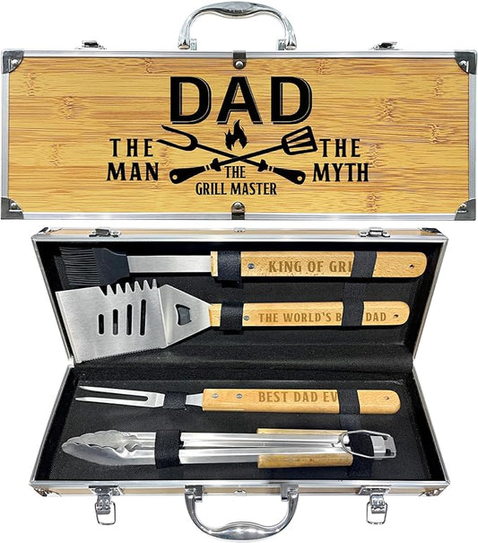 Christmas Dad Gifts from Daughter Heavy Duty Wooden BBQ Grilling Accessories Kit for Backyard, Thick Stainless Steel Grill Utensils with Non-Slip Handle Tools in Portable Bag Birthday