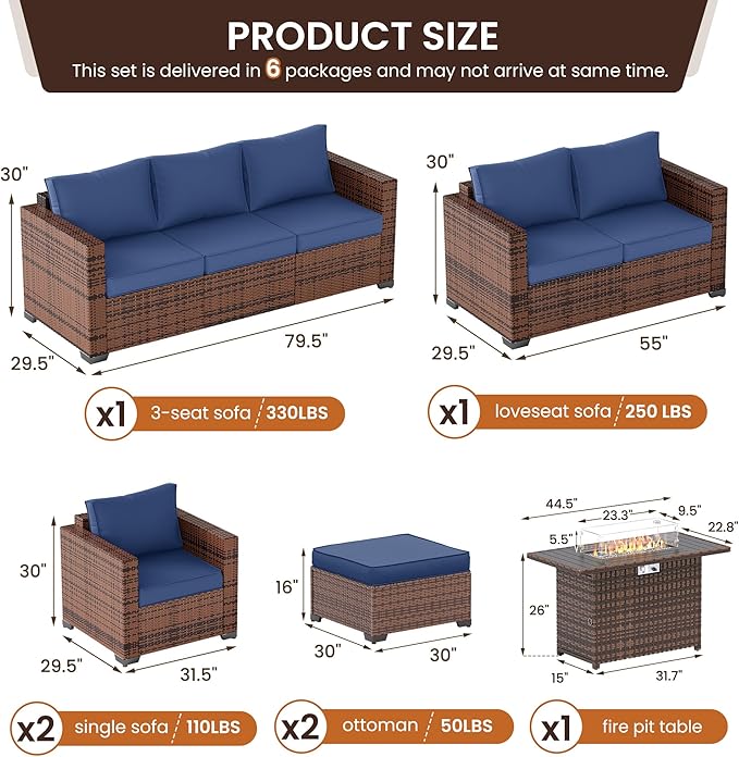 UDPATIO Patio Furniture Set with Fire Pit Table, 7 Pieces Outdoor Furniture Sets, Wicker Rattan Patio Conversation Sets with Ottoman and Waterproof Covers for Porch Deck Backyard, Navy Blue