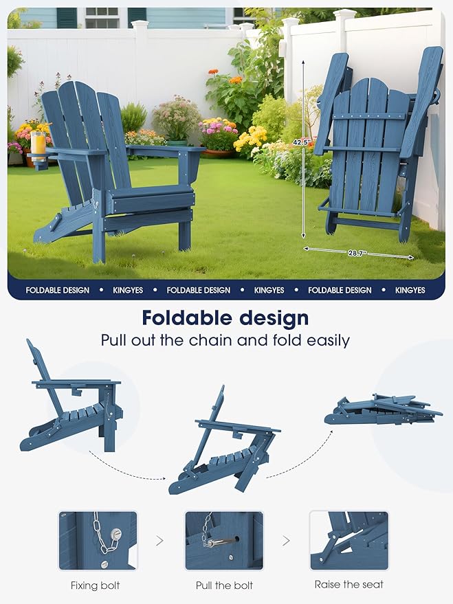 KINGYES Folding Adirondack Chair Set of 4, HDPE All-Weather Patio Chairs with Cup Holder, Wooden Textured Fire Pit Chairs for Poolside, Backyard, Deck, Navy
