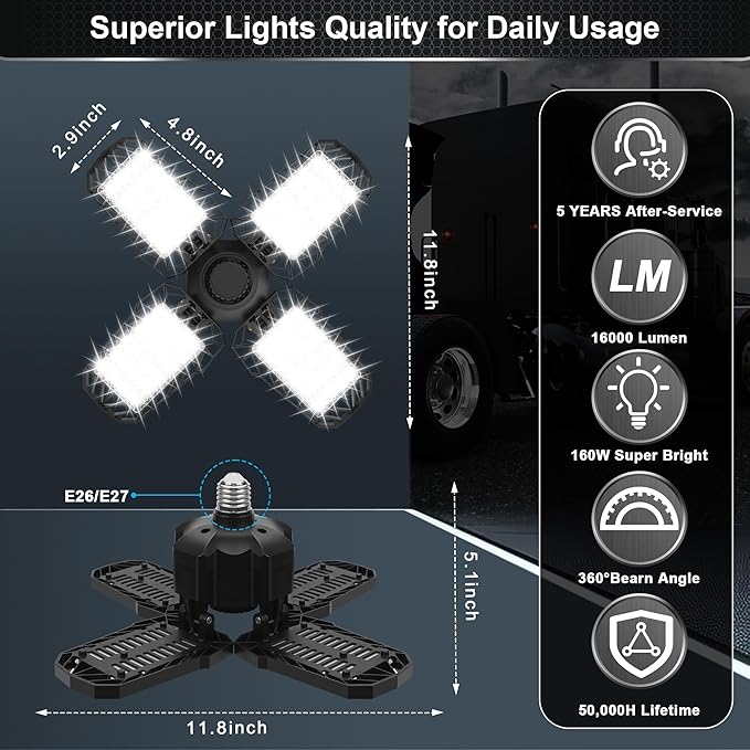 2 Pack LED Garage Light, 150W 15000LM 6500K LED Shop Lights, Garage Lights Ceiling Led with 4 Deformable Panels, Screw in E26/E27 Bulb Socket for Warehouse, Basement, Attic, Barn, High Bay Lighting