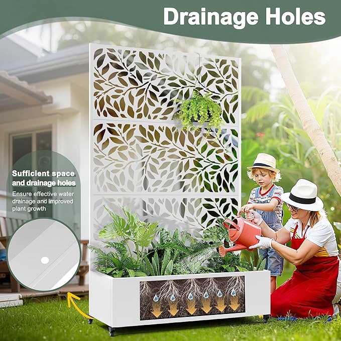 Metal Raised Garden Bed with Trellis Privacy Screen, Large Planters Box with Wheels & Drainage Holes for Climbing Plants (47" L×16" W×71" H, White Leaf)