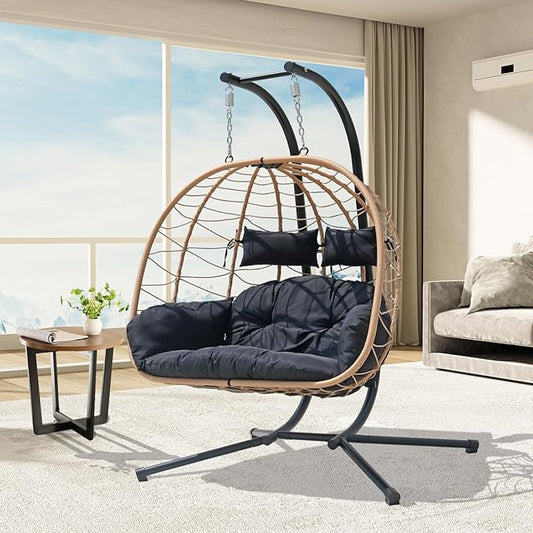 Double Hammock Egg Chair 2 Person Egg Chair Outdoor Swing with Stand Patio Wicker Hanging Chair Widened and Enlarged Hanging Chair Swing Chair for Patio Bedroom Porch