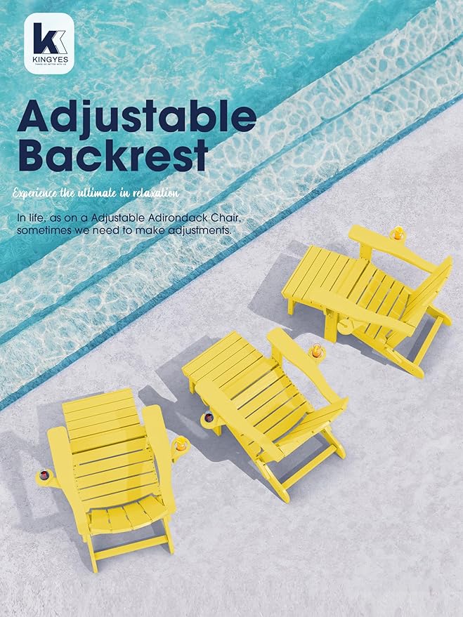 KINGYES Folding Adjustable Adirondack Chair with Ottoman & 2 Cup Holders, HDEP Multifunctional Adirondack Chair with Footrest, Yellow