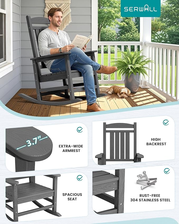 SERWALL Outdoor Rocking Chair Set of 2, HDPE Patio Rocking Chair, All-Weather Porch Rocker for Balcony, Yard, Gray