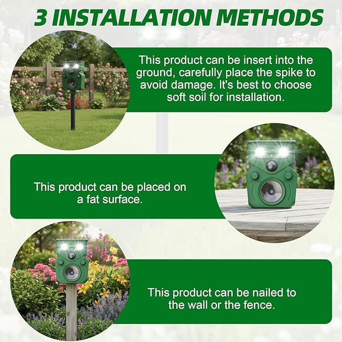 2025 Upgraded Solar Powered Animal Repeller 2 Packs, Ultrasonic Solar Powered Deer Repellent for Outdoor Yard Lawn Repel Squirrel Raccoon Cat Deterrent with Motion Sensor & Flashing Light (2, Green)