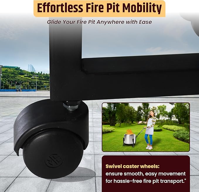 FEBTECH - 2 in 1 Smokeless Firepit Accessory Combo - 18" Spark Screen, 22" Rolling Trolley Stand for 19.5" Fire Pits - Smokeless Firepit Accessories for Camping, Patio, Backyard