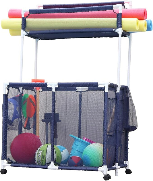 Essentially Yours Pool Storage Equipment Organizer Holder - Noodles, Toys, Balls, Floats Mesh Rolling Double Decker Bin, Large with Noodle Holder, (35.3" W x 23" L x 59.4" H), Blue/White Style 561935