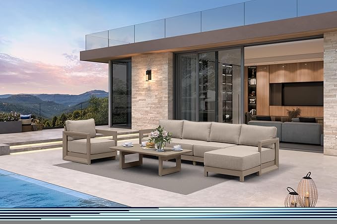 PURPLE LEAF Patio Furniture Set Open-End Outdoor Couch with 9.6" Thick Cushion and Soft Pillows 7 Piece Outdoor Sectional Sofas with Ottoman Modern Outdoor Conversation Sets for Yard Porch Deck, khaki