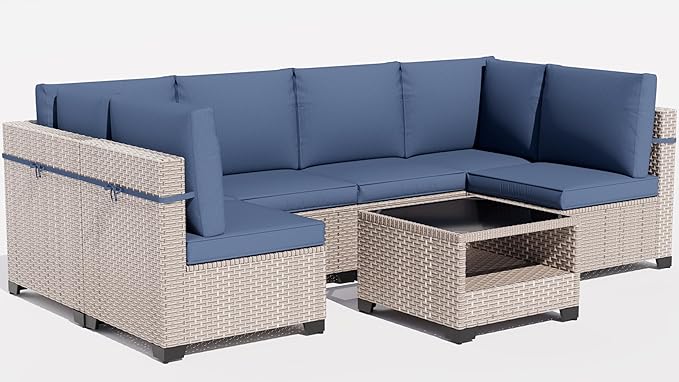 7 Pieces Patio Furniture Set, Outdoor Sectional Wicker Sofa with Thick Cushions and Storage Coffee Table, Rattan Patio Conversation Sets for Deck Yard Poolside, Navy