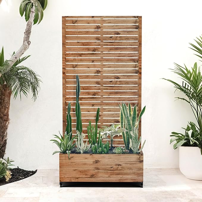 Metal Raised Garden Beds with Trellis and Wheels for Climbing Plants, Flowers, Large Planter Box with Privacy Screen & Drainage Holes for Patio (35" L, Brown Log Grain)