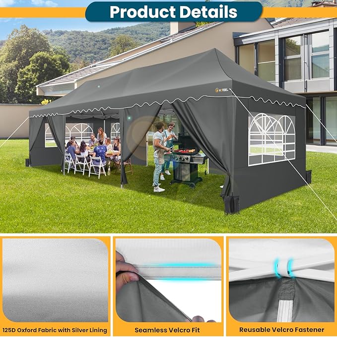 HOTEEL 10x30 Pop Up Canopy with 8 Sidewalls, Easy Setup Party Tent with Weight Bags, Wheeled Bag, Waterproof Event Shelter with Extra Roof Height for Backyard, Wedding (Green Gray)