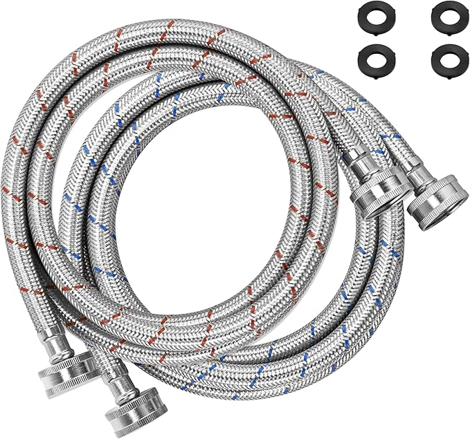 Stainless Steel Washing Machine Hoses 4FT Washer Hoses 3/4" NPT Connection Red and Blue Water Supply Lines by Fetechmate Hot and Cold Washer Hoses (2 Pack) - 10 YEAR WARRANTY