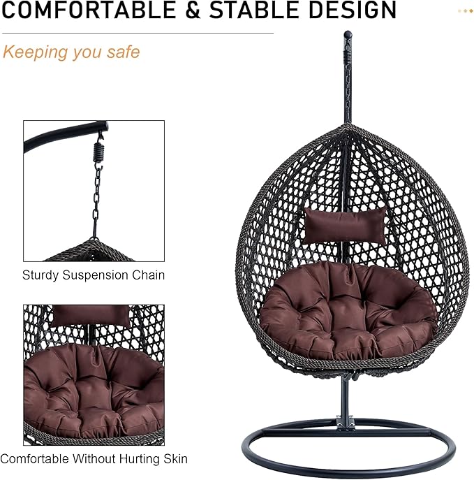 Egg Swing Chair Outdoor with Stand, Indoor Swing for Adults, Hanging Egg Rattan Basket Chair with Cushion and Pillow, Foldable Basket and Metal Stand for Porch, Patio, Bedroom, Balcony,Yard (Black)