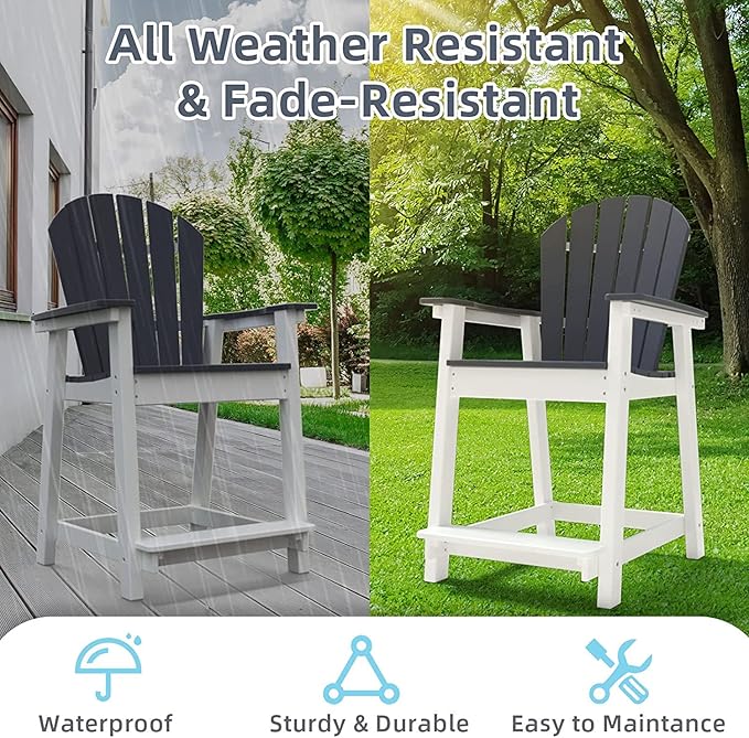 OTSUN Outdoor Tall Adirondack Chairs Set of 4, Patio Bar Stool Chair with High Back, 400lbs, Widened Arms, All-Weather Balcony Chair for Backyard, Garden, Yard （4PCS, White & Grey）