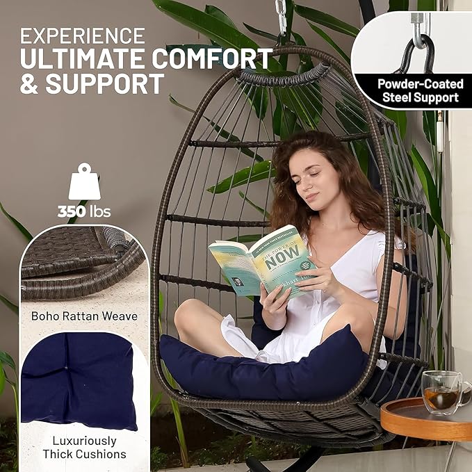 SereneLife Foldable Deep Blue Egg Chair with Stand Outdoor Indoor Rattan Wicker Hanging Swing Hammock with Waterproof Cushion and Headrest Heavy Duty Comfortable Sensory Seat for Patio Porch Garden