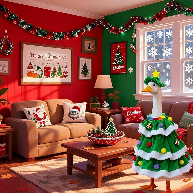 Christmas Porch Goose Outfits - 3Pcs Lawn Goose Goose Costume Small Green Hat, Rainbow Collar and Christmas Tree Skirt for 23 Inch Goose Statues, Holiday Outdoor Garden Porch Yard Lawn Patio Decor
