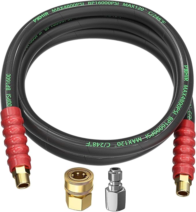 POHIR Pressure Washer Whip Hose 8FT, Reel Connector 248°F Hot/Cold Water Jumper Hose 3/8" with Quick Connect Adapter, Industry Grade Steel Wire Braided & Synthetic Rubber Jacket 4800 PSI