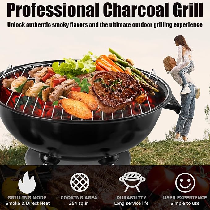 Charcoal grill, portable kettle charcoal grill with insulated cover, suitable for courtyard, camping, and outdoor use. (18 inches red)