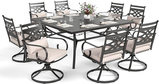 MFSTUDIO Patio Dining Sets for 8, Patio Table and Chairs Set with Umbrella Hole, Patio Furniture Set with Square Table & Swivel Chairs, 9 Piece Outdoor Dining Set for Deck, Poolside, Backyard, Garden