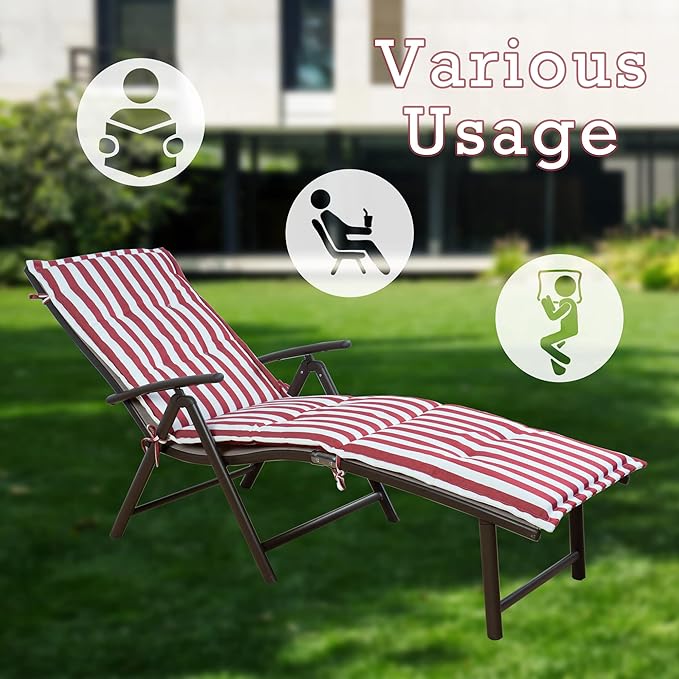 Kozyard Cozy Aluminum Reclining Lounge Chair - Perfect for Beach, Yard, Pool, Deck, Patio Outdoor Chaise Lounge with Drink Holder, Weather Free, Adjustable Assemble Free (Beige with Red Strip Cushion)